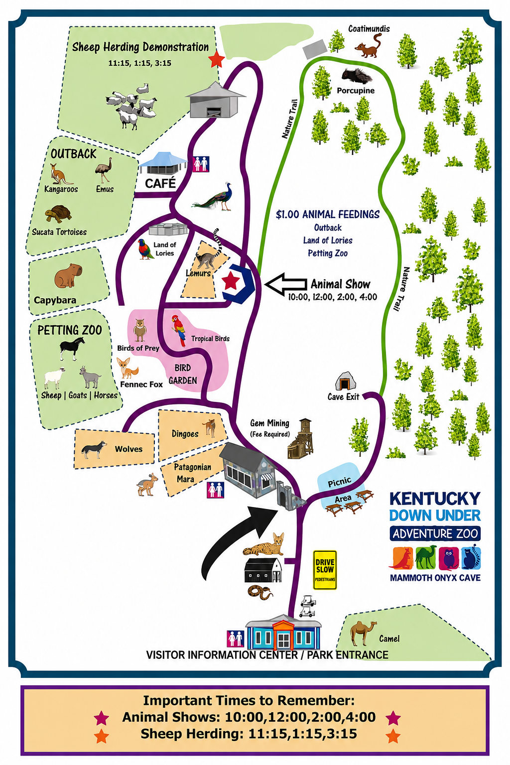 Map of Kentucky Kingdom and Hurricane Bay with rides, paths, and parking, plus hours and admission info.