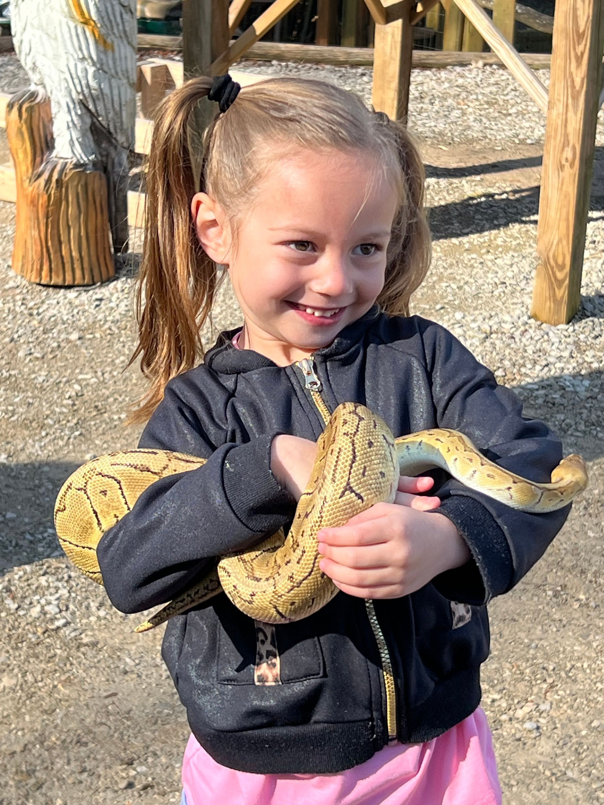 Child smiling while holding a large snake at an outdoor petting zoo.