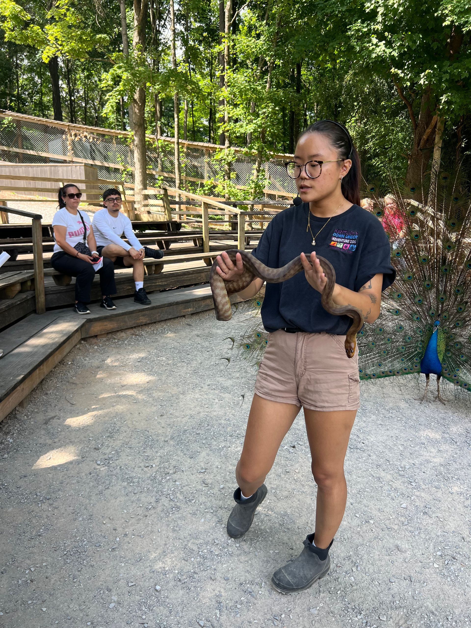 Person standing on a gravel path outdoors, gesturing while speaking, with seated people on benches behind.