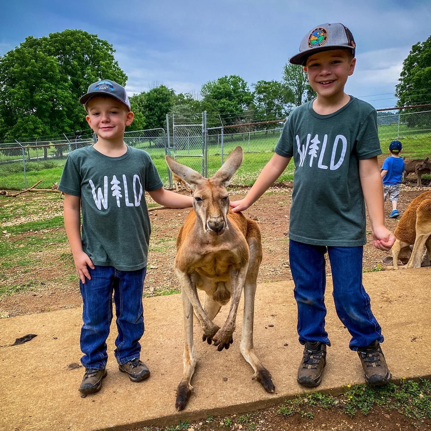 Two children in matching shirts stand with a kangaroo outdoors at a wildlife park.