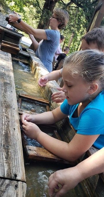Children washing hands at an outdoor wooden water trough, with one girl in a blue shirt in the foreground.