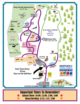 Map of Kentucky Kingdom and Hurricane Bay with rides, paths, and parking, plus hours and admission info.