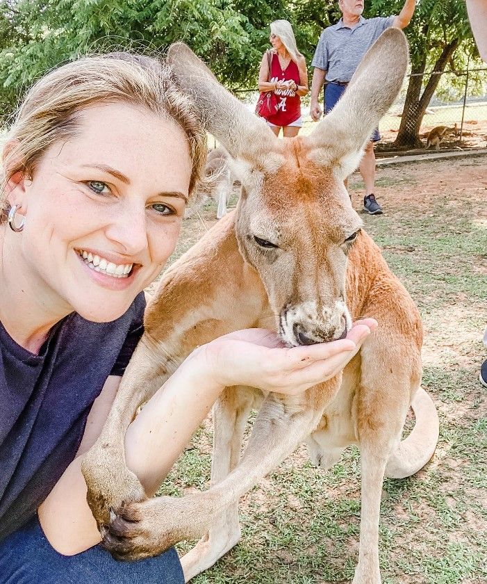 Woman smiling beside a kangaroo, hand-feeding it outdoors in a park