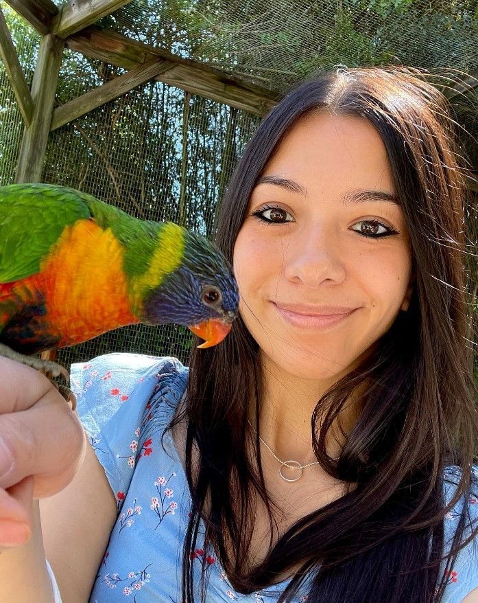 Woman smiling with a colorful parrot on her hand in a sunny outdoor setting