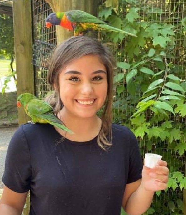 Woman smiling with colorful parrots on her shoulders in a lush outdoor setting