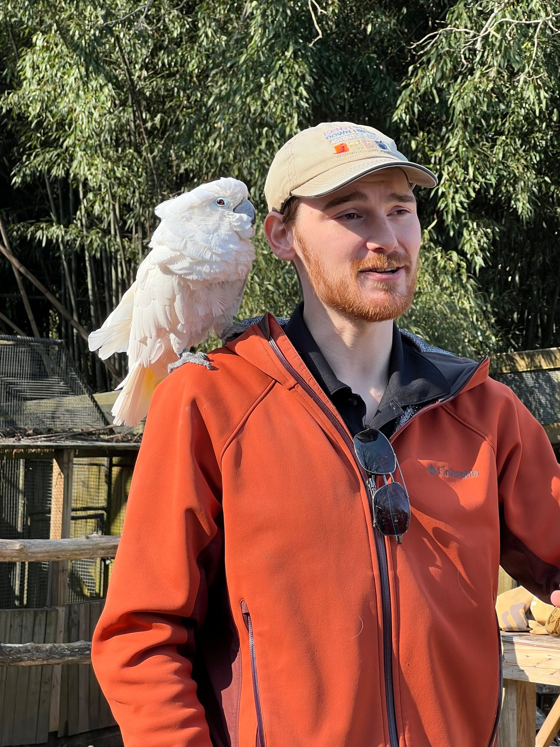 Person in an orange jacket with a white parrot on their shoulder outdoors