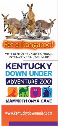 Kangaroos above Kentucky Down Under Adventure Zoo and Mammoth Onyx Cave ad in orange and blue