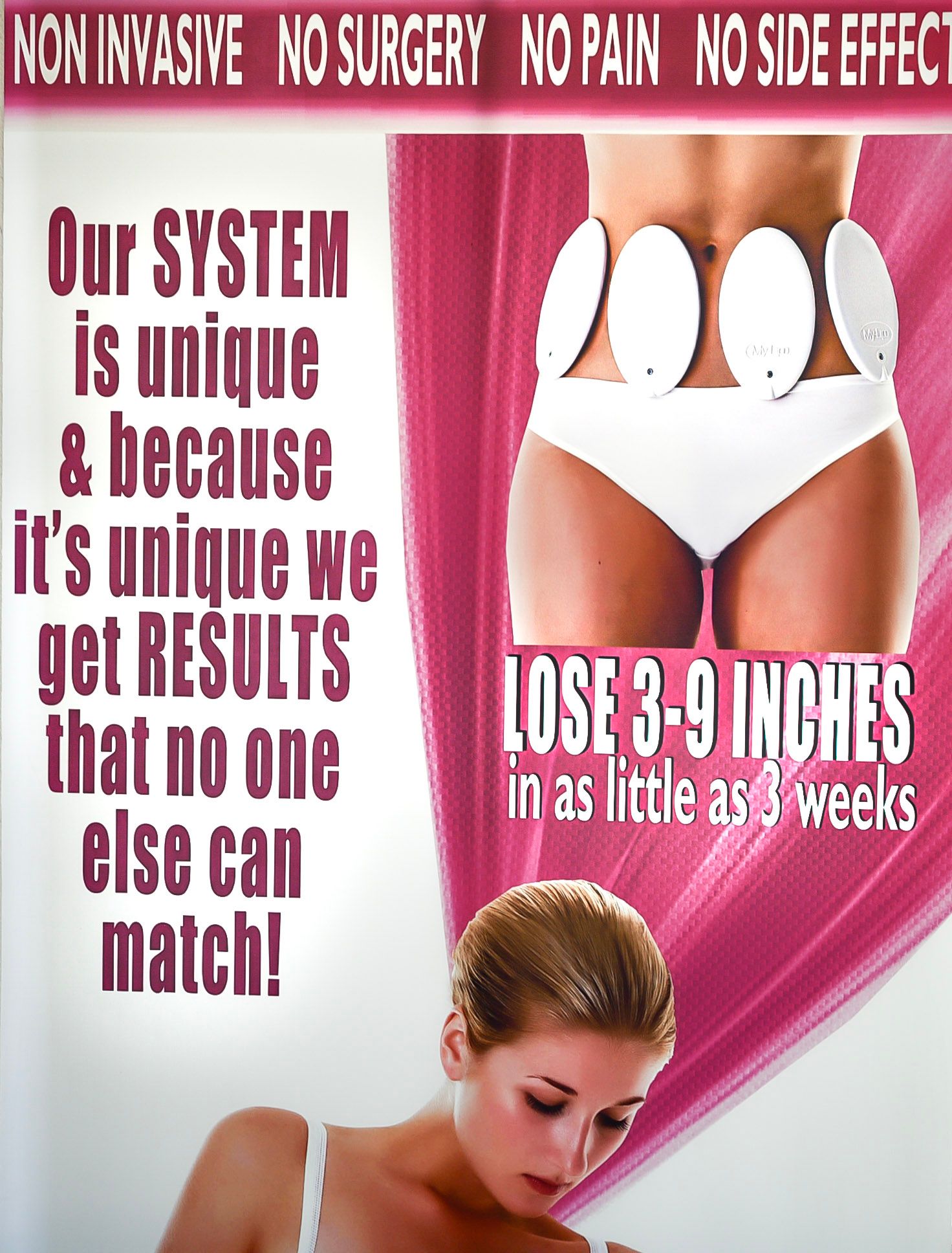 A poster that says our weight loss system is unique and because it 's unique we get results that no one else can match