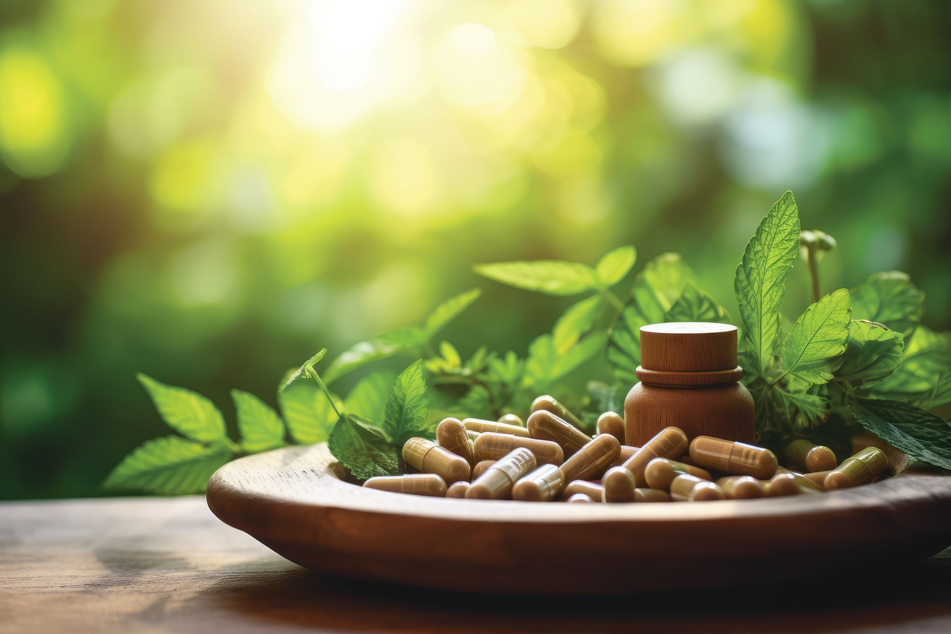 A wooden bowl filled with natural supplements and leaves on a table.