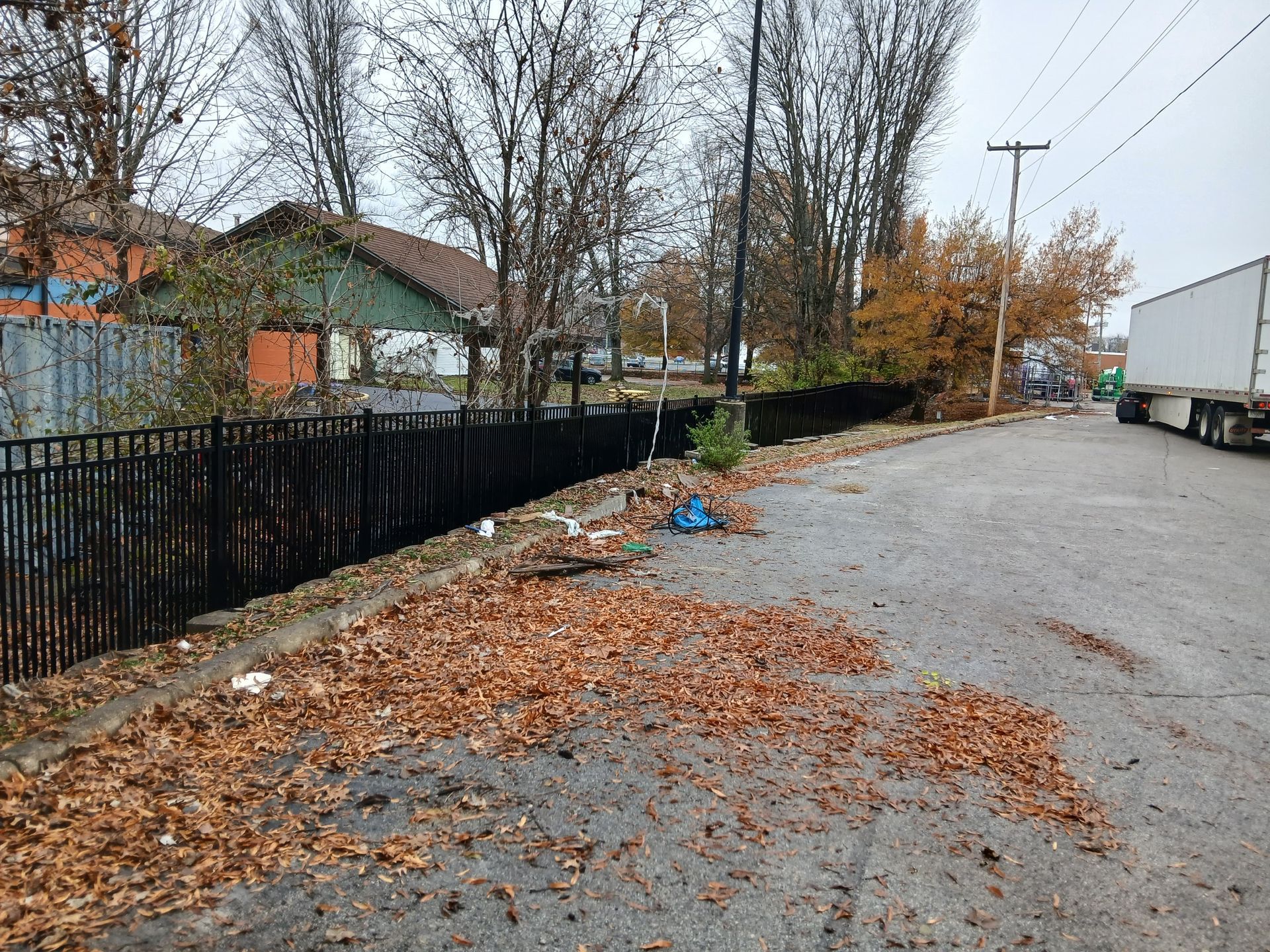 Leaf-strewn roadside beside a black fence, bare trees, and a parked white truck on an overcast day