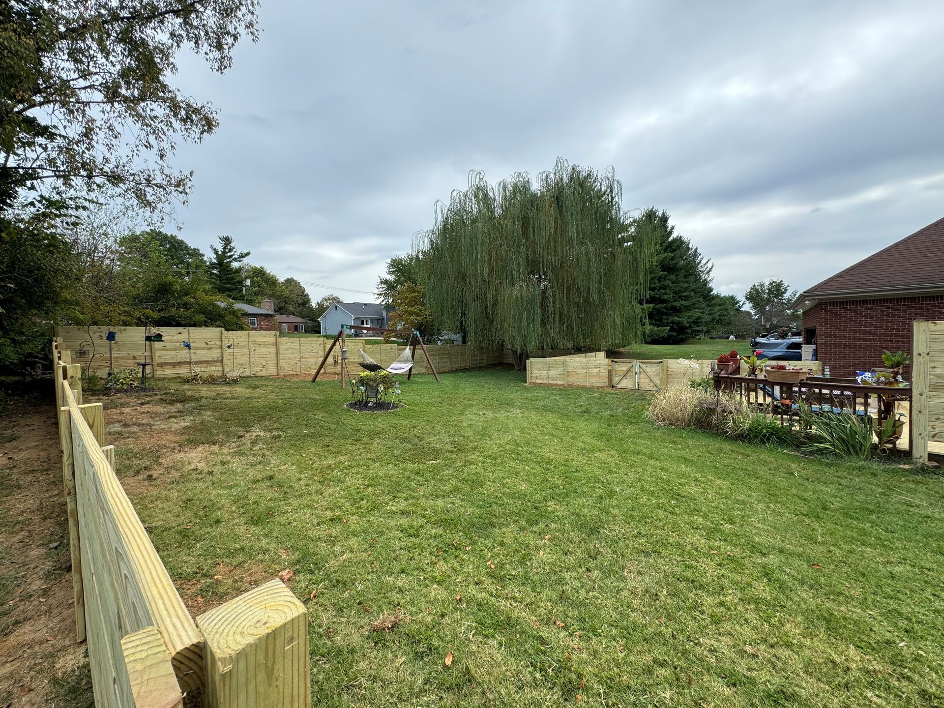 Grassy backyard with a large tree, fence, and wooden shed under a cloudy sky