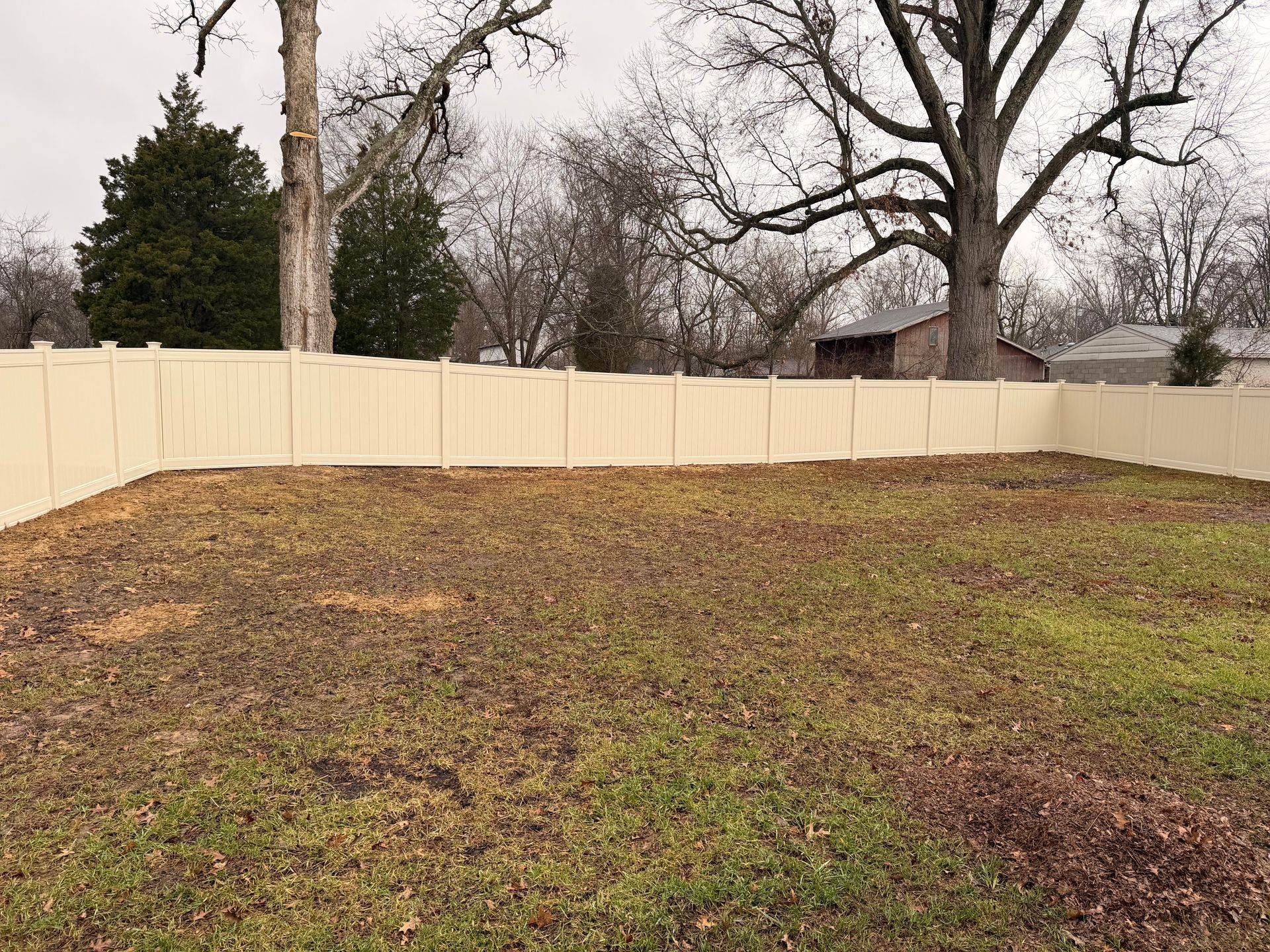Tan fence surrounds a grassy yard with bare trees and a cloudy sky.