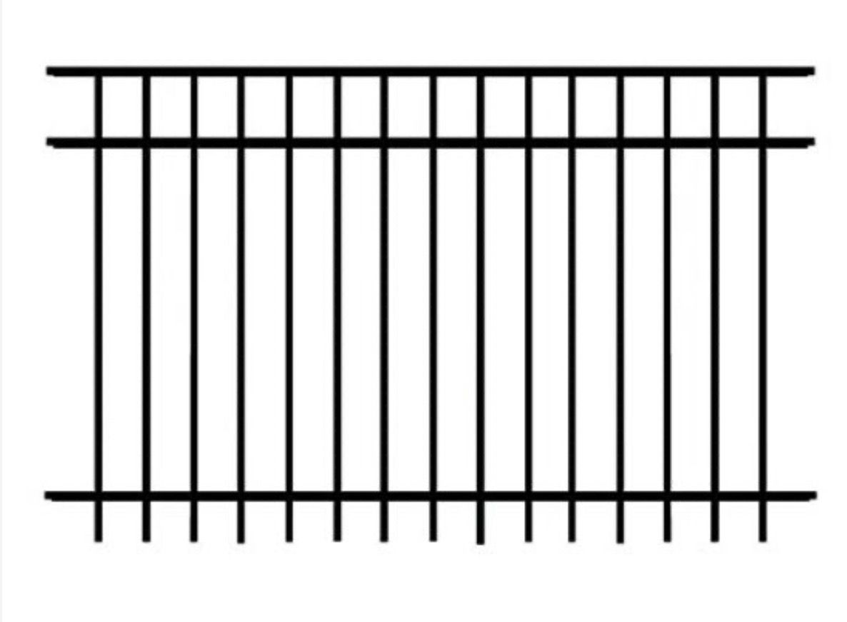 Black metal fence with vertical bars and horizontal rails on a white background