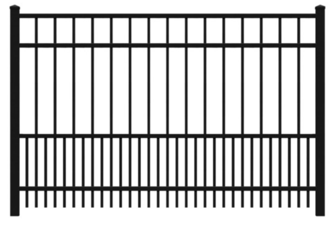 Black metal fence with vertical bars and a horizontal top rail