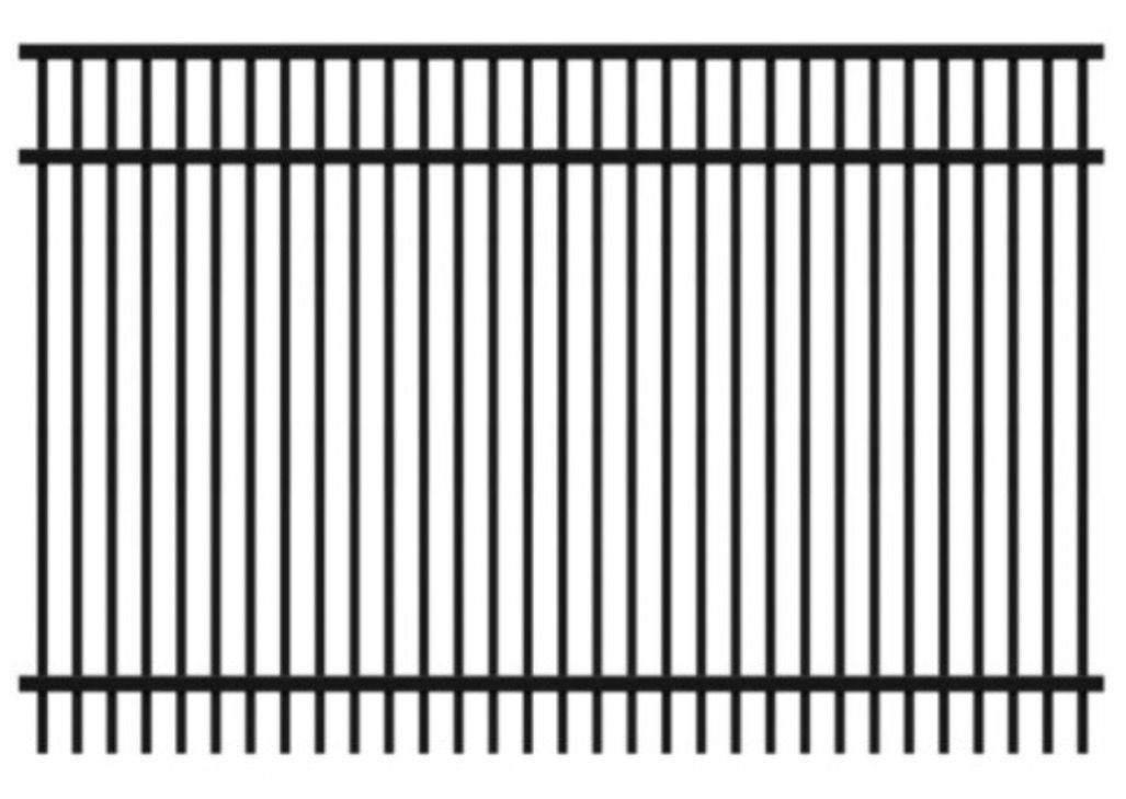 Black vertical slatted fence or gate with horizontal bars on a white background