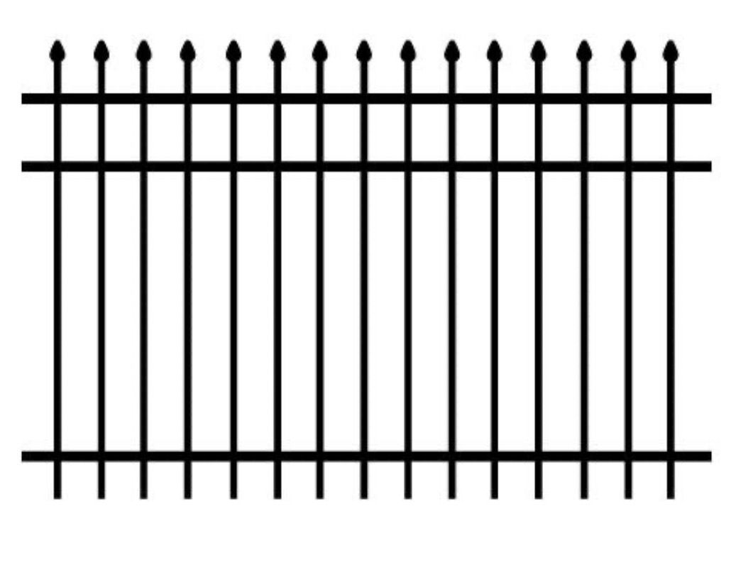 Black metal fence with vertical bars and pointed tops, viewed straight on.