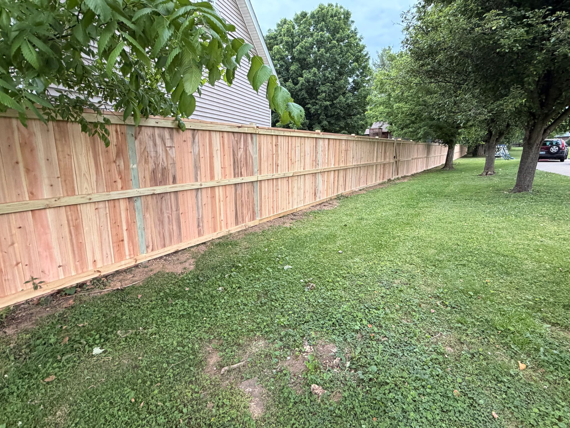 Wooden privacy fence beside a grassy yard with trees and a house in the background