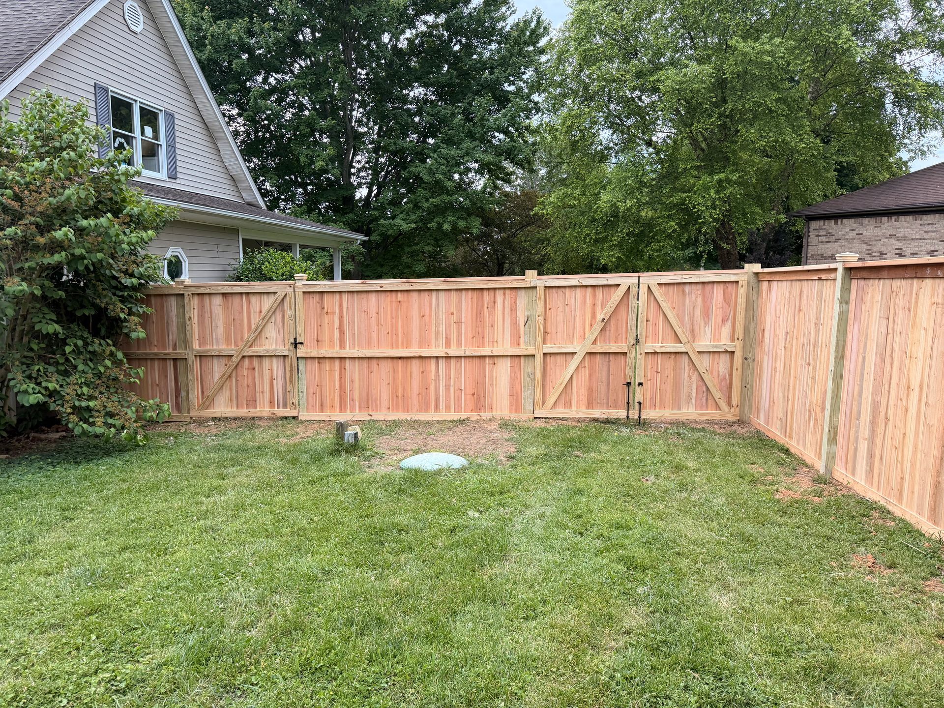 Backyard with green lawn, wooden privacy fence, and trees under a cloudy sky