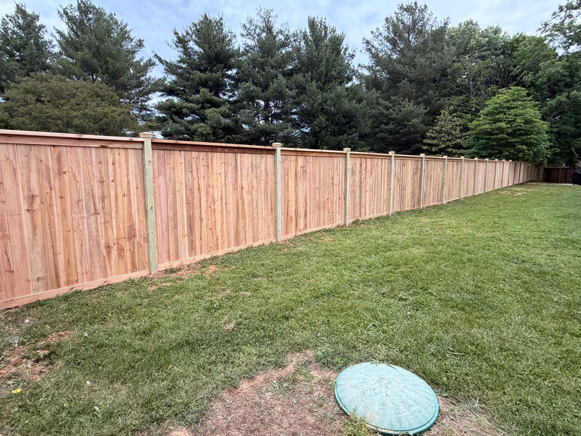 Long wooden fence along a grassy yard with trees in the background.