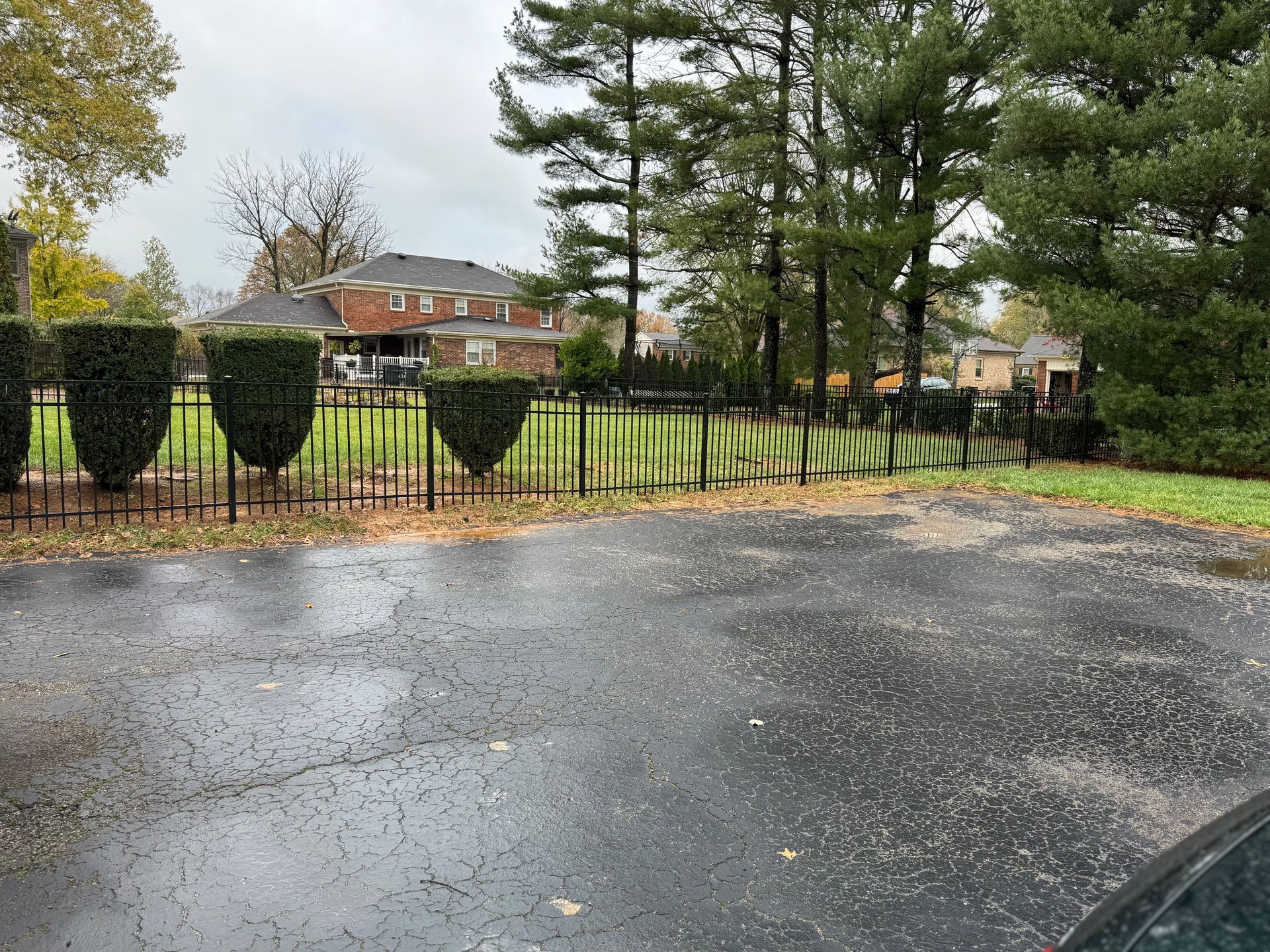 Wet parking lot beside black metal fence, trimmed shrubs, and trees on a rainy day.