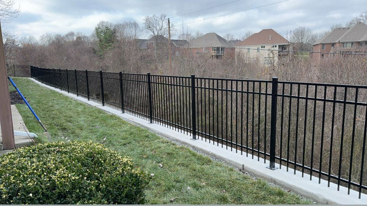 Black metal fence along a snowy suburban path beside a grassy yard and leafless trees