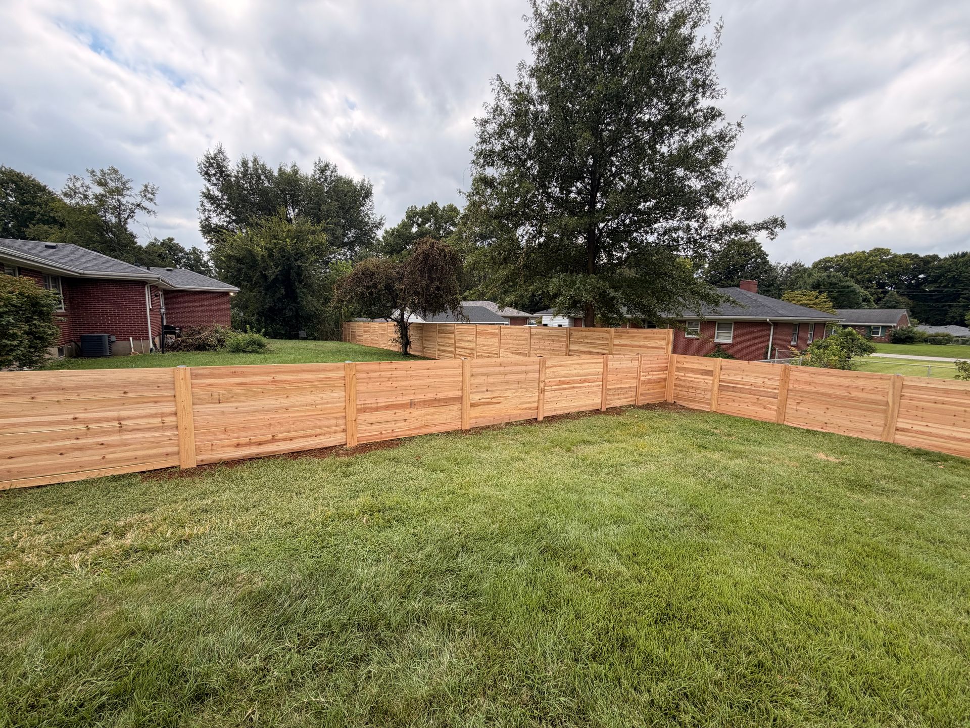 Backyard with a wooden fence, green lawn, trees, and houses under a cloudy sky