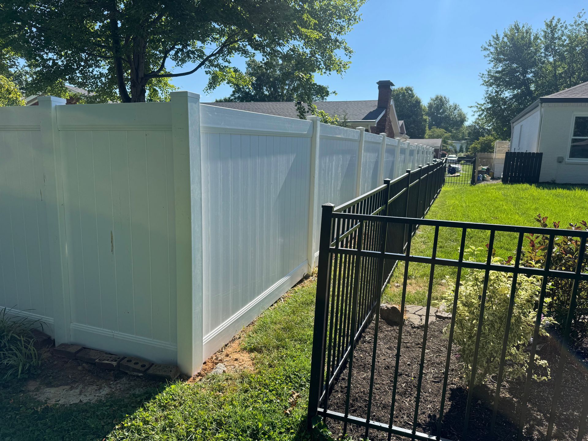 White vinyl fence beside a black metal fence, on green grass, with houses in the background.