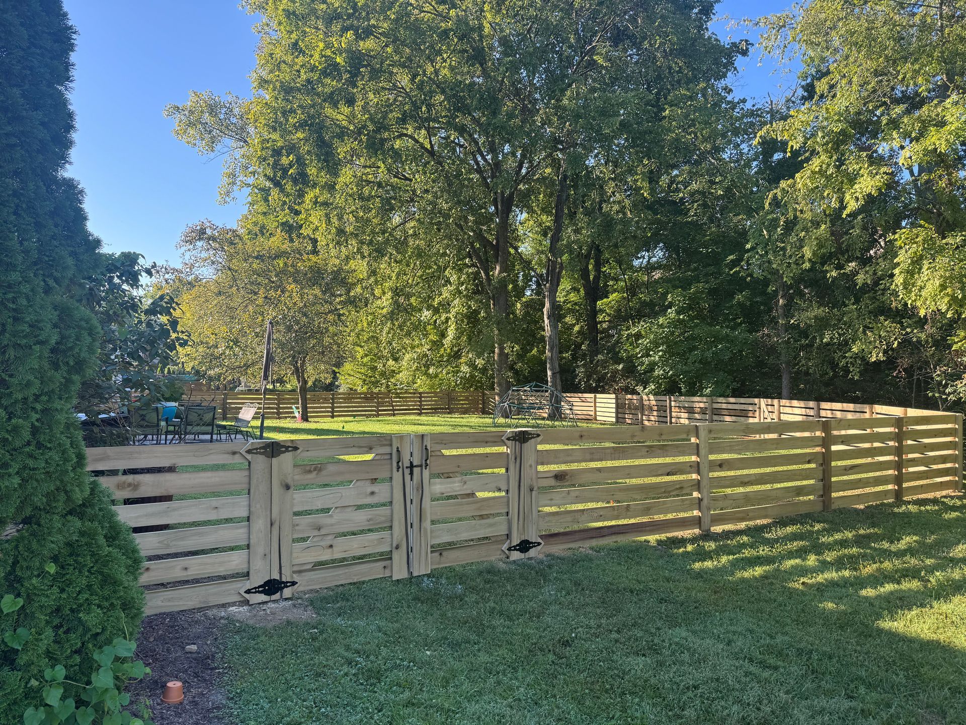 Wooden fence in a sunny grassy park with tall trees and clear blue sky