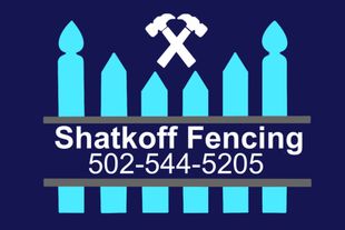 Shatkoff Fencing logo with blue fence posts, crossed hammers, and phone number 502-544-5205