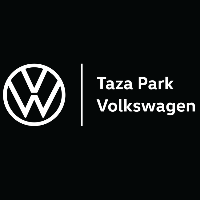 Volkswagen logo beside white text “Taza Park Volkswagen” on a black background