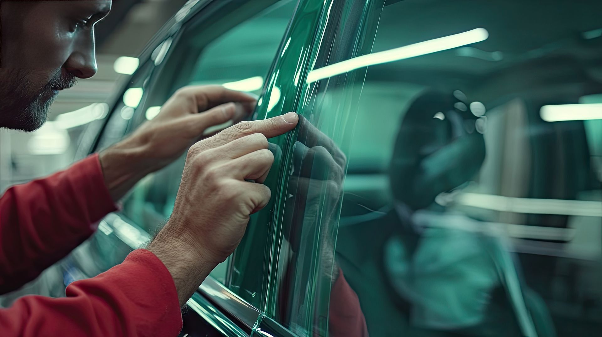 Une personne applique de la teinte sur une vitre de voiture. Ses mains manipulent le film teinté vert sur la vitre.