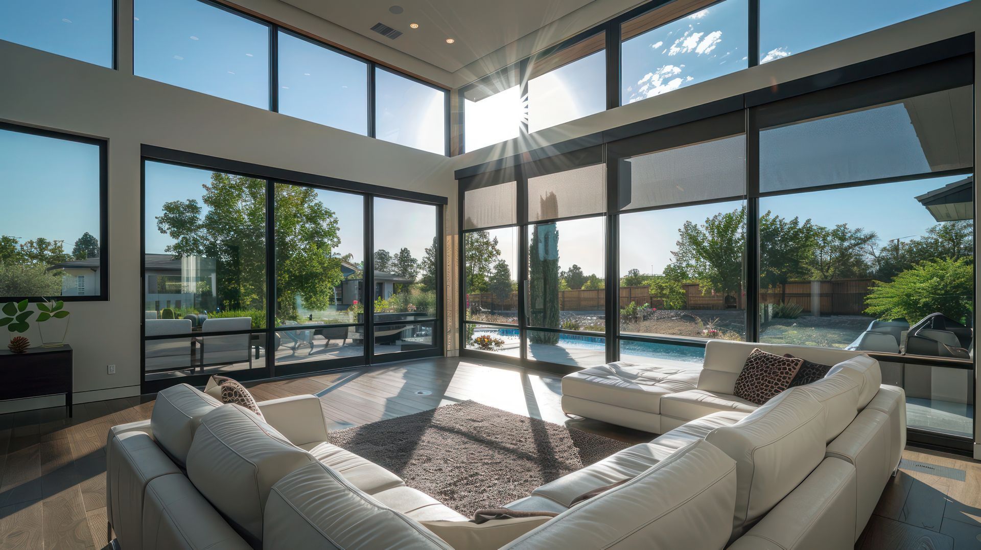 Salon spacieux avec de grandes fenêtres, une lumière naturelle abondante, un canapé d'angle blanc et une vue sur la piscine.