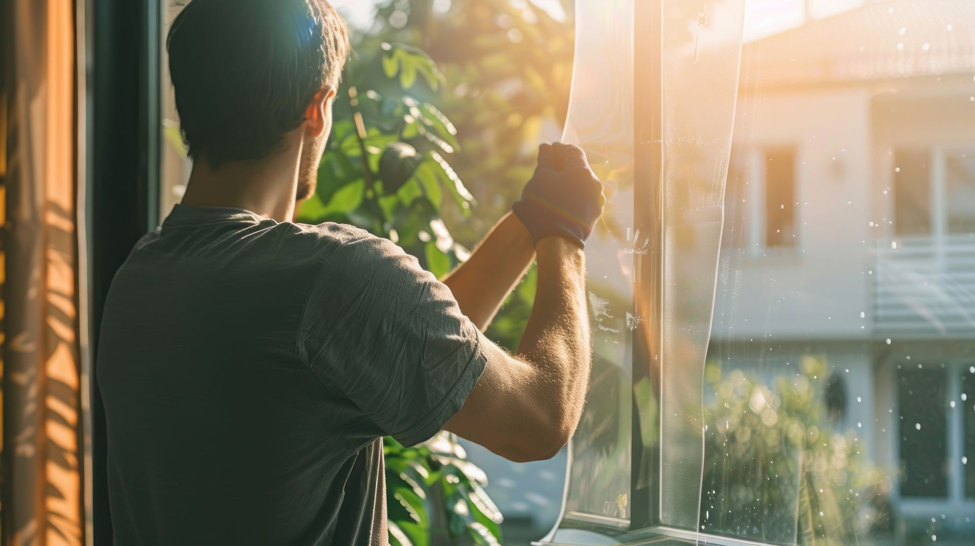 Une personne nettoie une fenêtre, la lumière du soleil entre par le hublot, vue de la maison à l'extérieur.