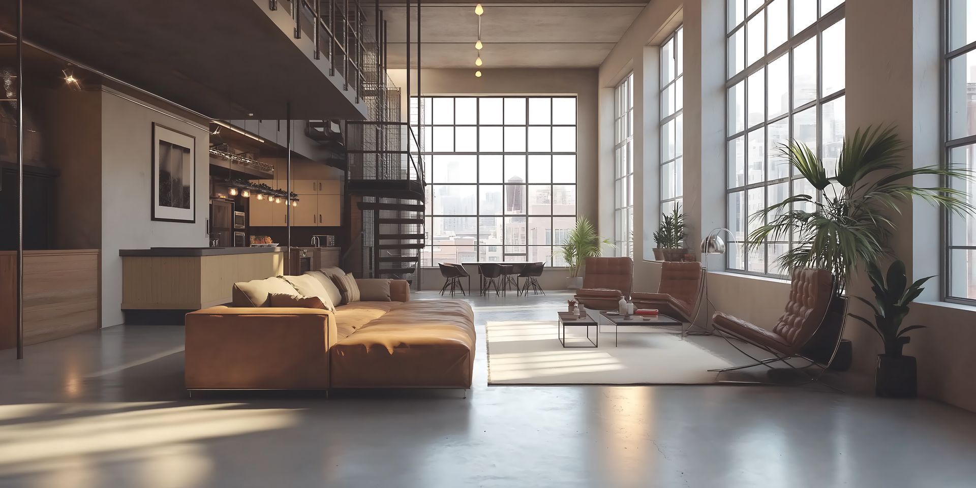 Intérieur de style loft avec de grandes fenêtres, un canapé marron et un escalier en colimaçon.