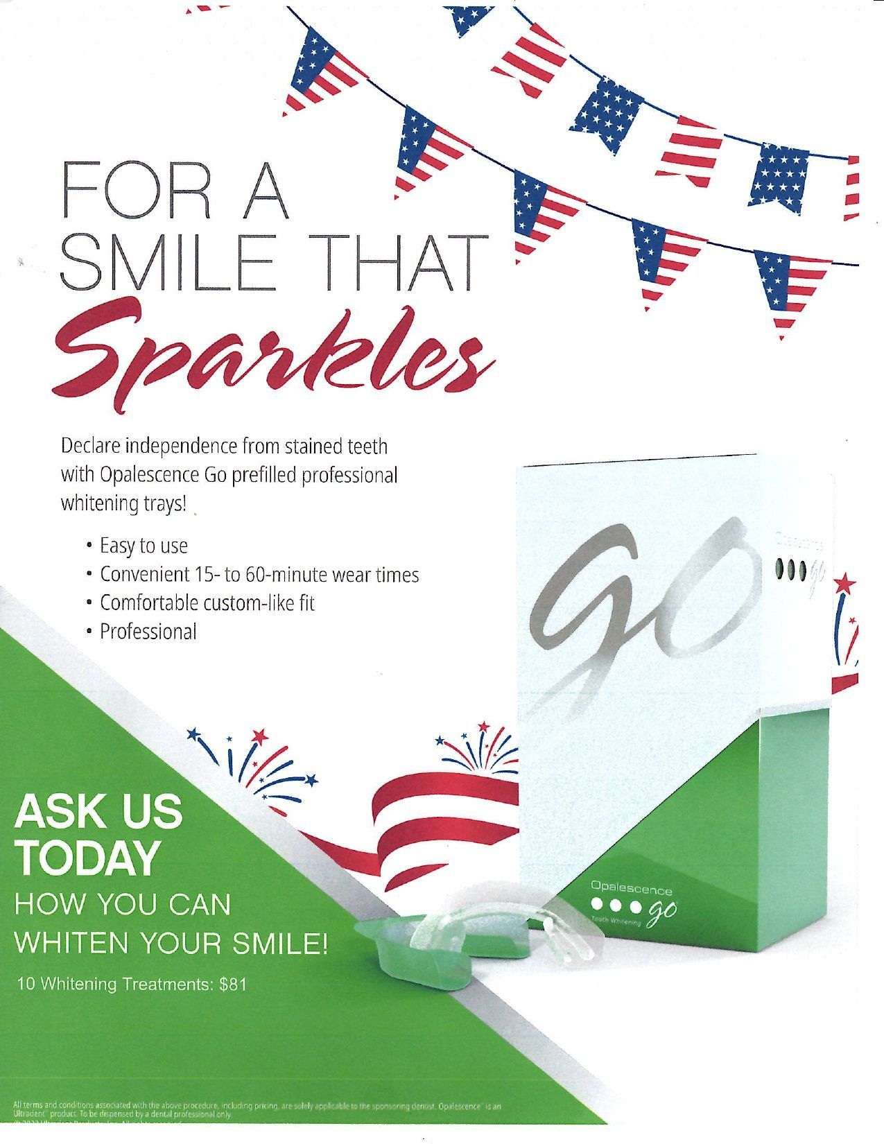 Promotional poster for teeth whitening with patriotic bunting and a green package labeled “go.”