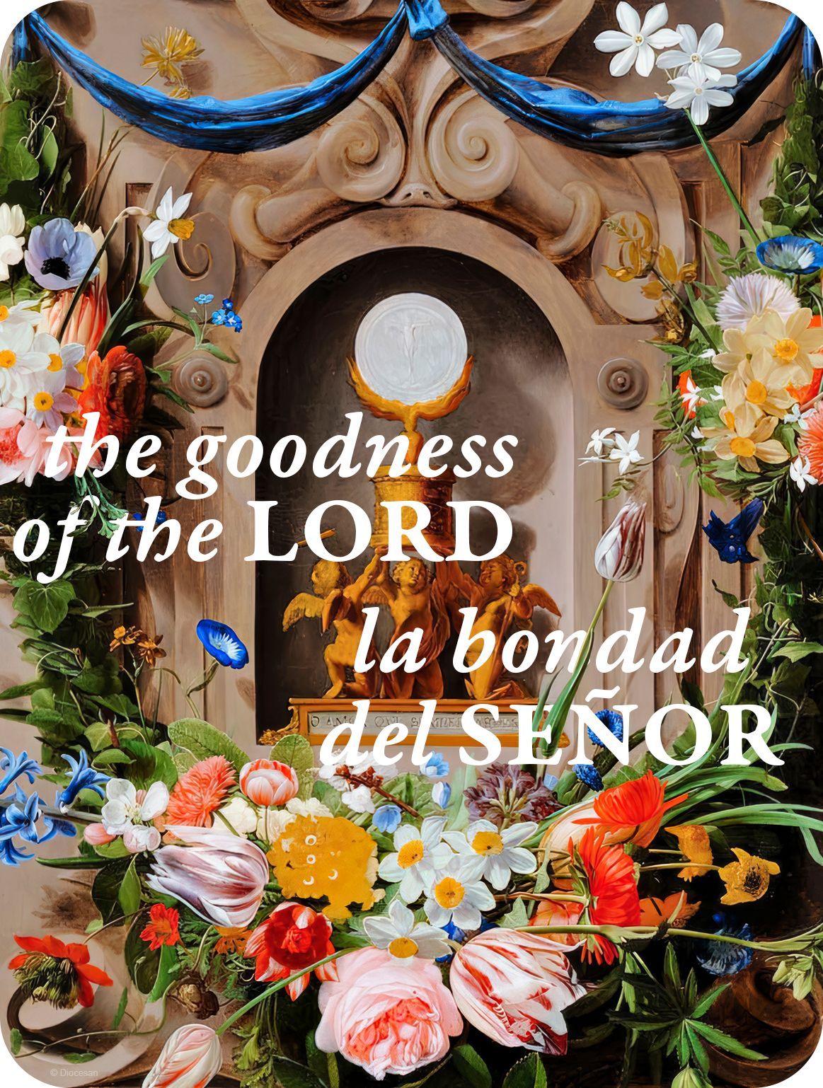 Floral altar with a round stone niche and text reading “the goodness of the LORD / la bondad del SEÑOR”