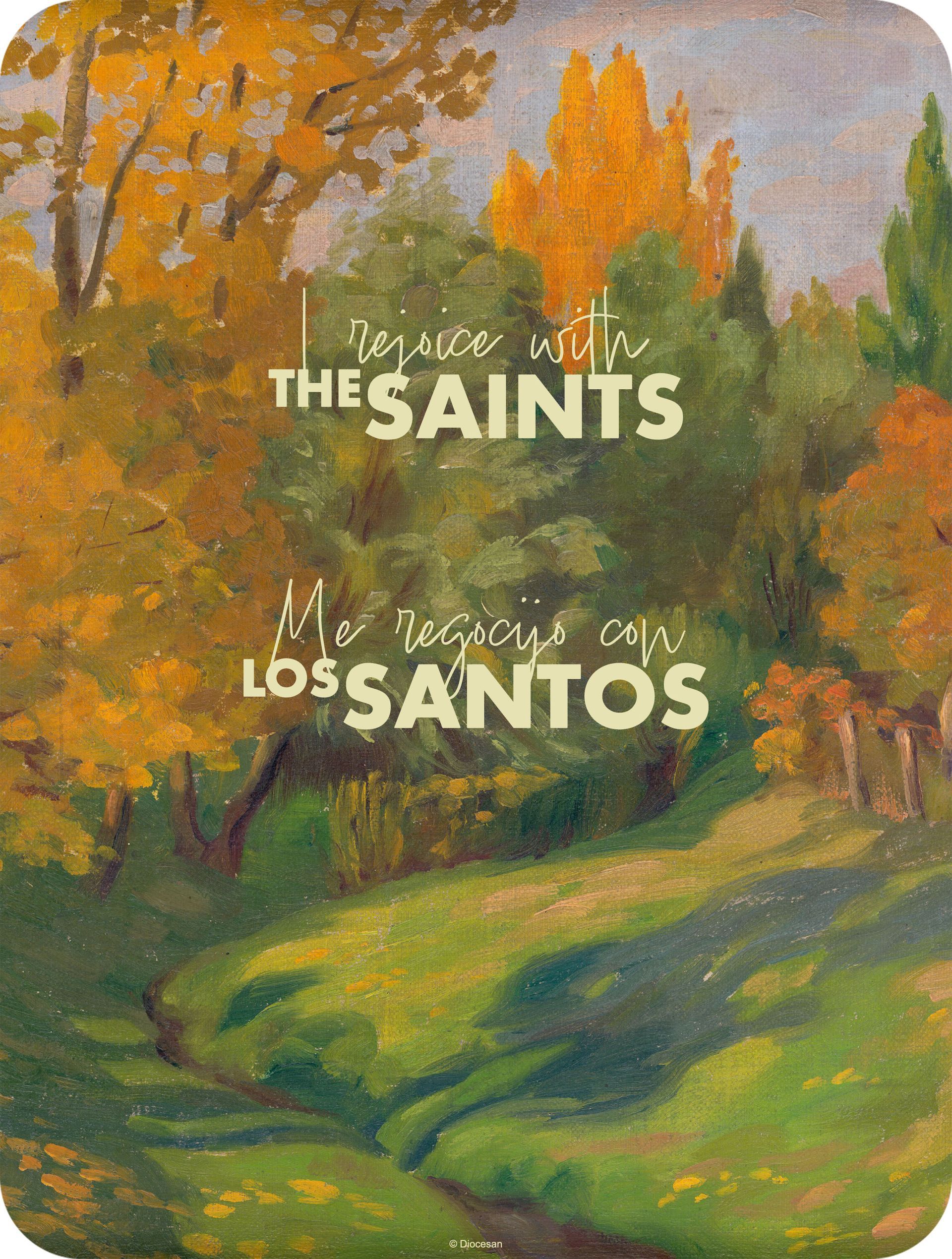 Painterly park scene with autumn trees and grassy path, overlaid with “The Saints” and “Los Santos” text.