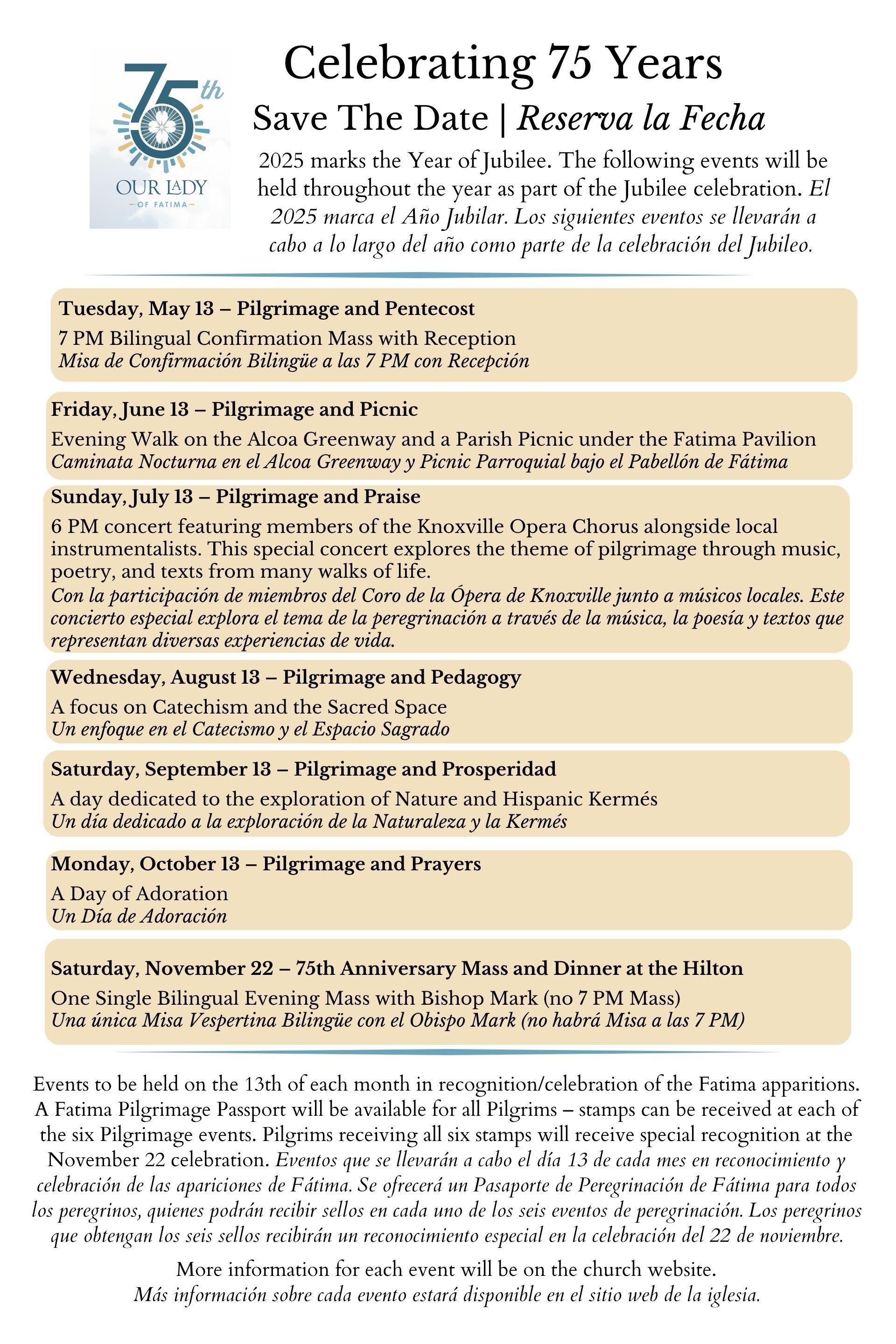 Flyer celebrating the 75th year of Juarez with a schedule of events, including pilgrimages and meals.