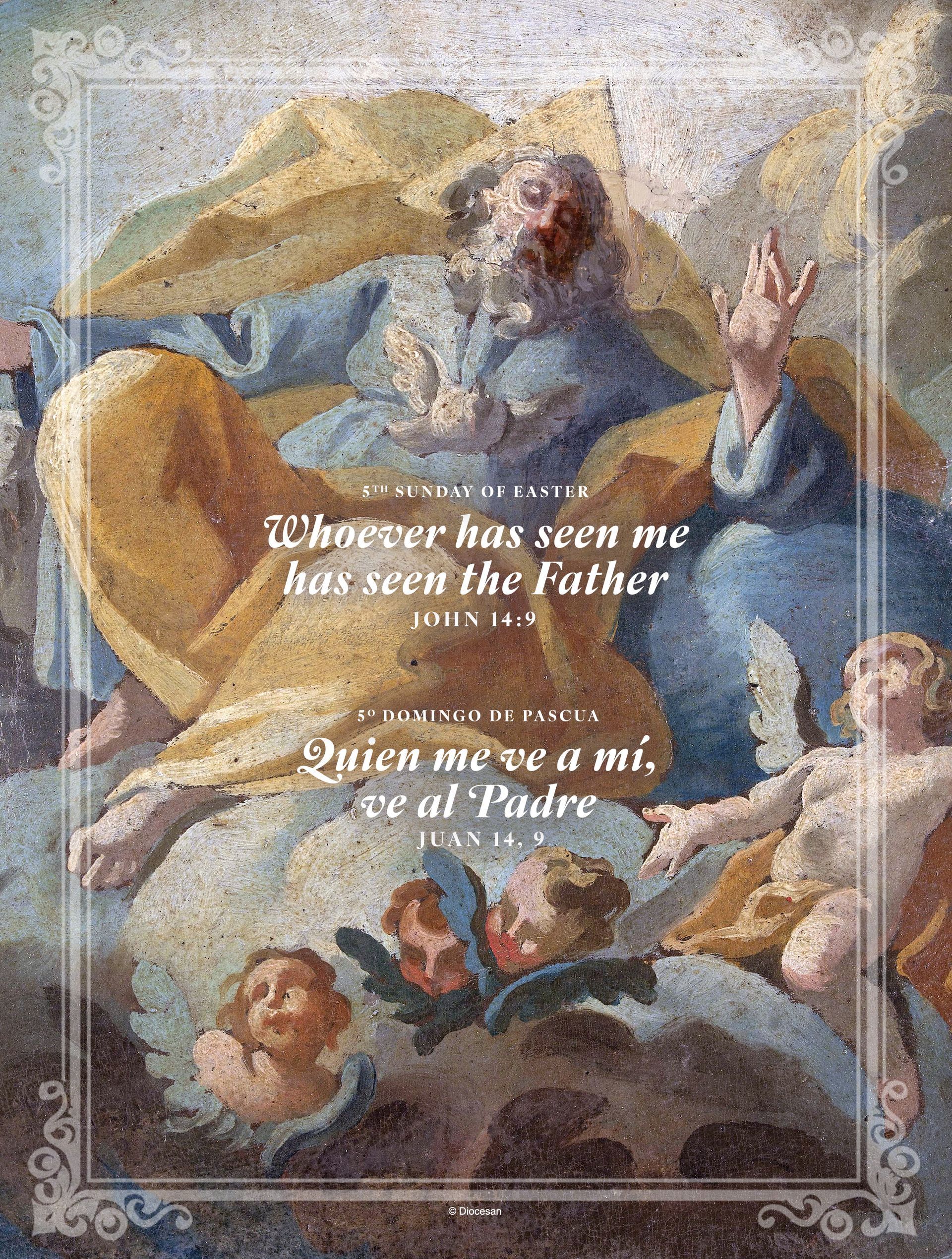 Religious painting of the Holy Trinity with angelic figures and French text on a cloudy sky background