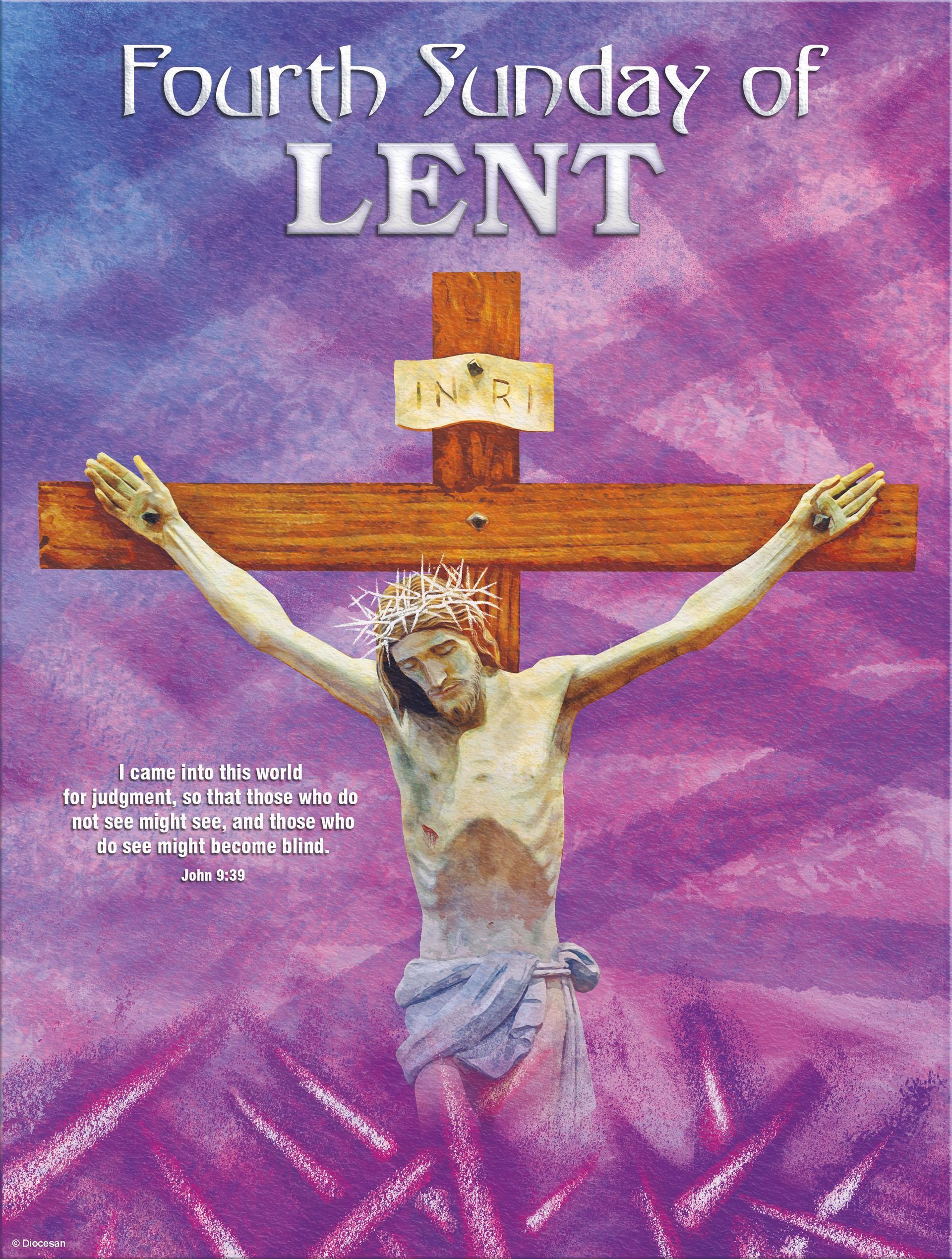 A purple and blue background with a crucifix of Jesus, topped with the text 
