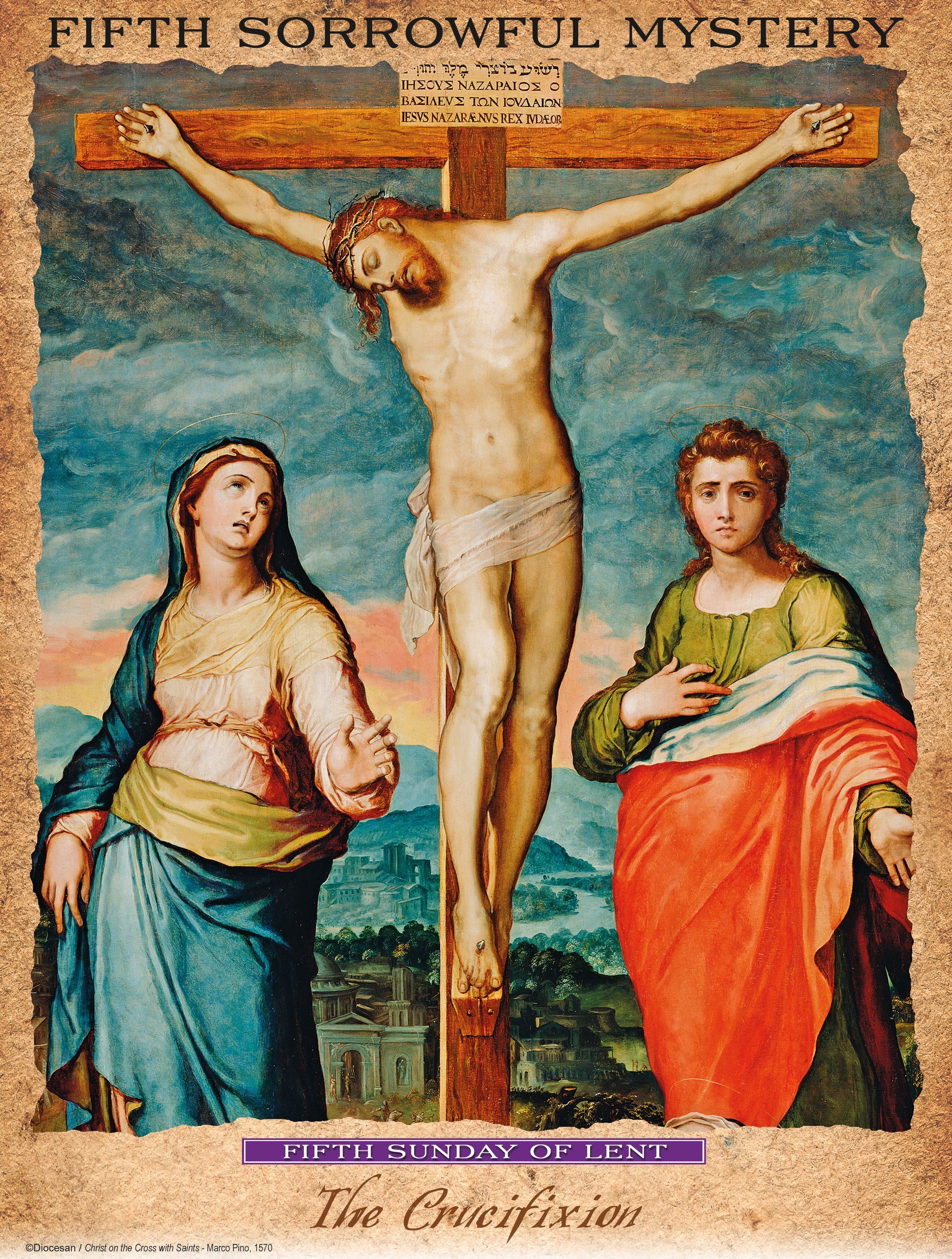 Painting of the Crucifixion of Jesus, flanked by Mary and Saint John, with the text 
