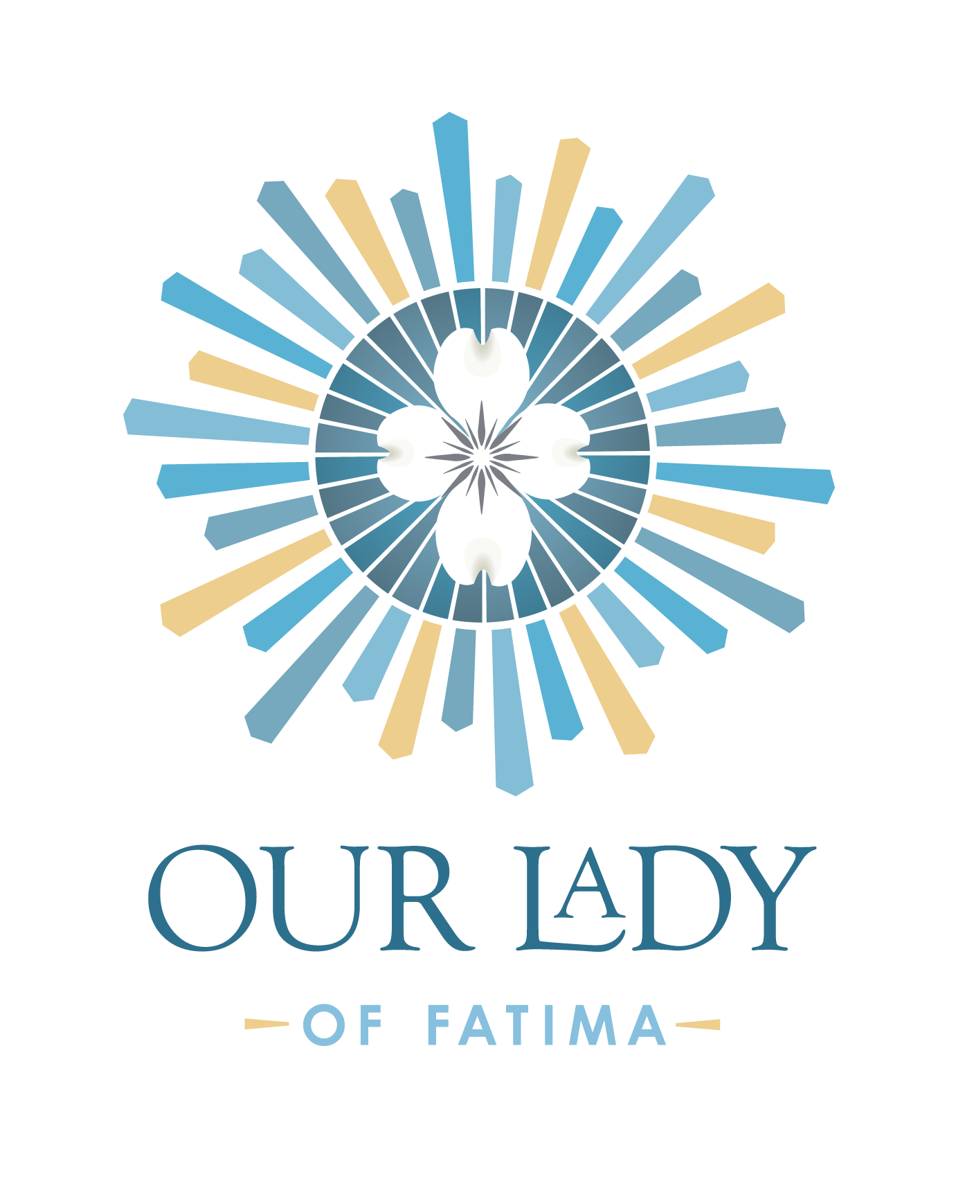 Logo for Our Lady of Fatima: a flower within a circle radiating light, with text below.