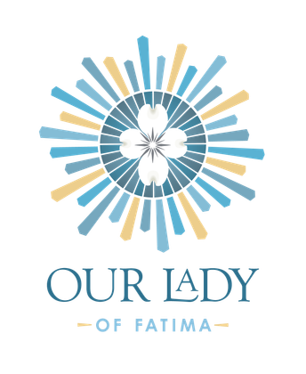 Logo for Our Lady of Fatima: a flower within a circle radiating light, with text below.