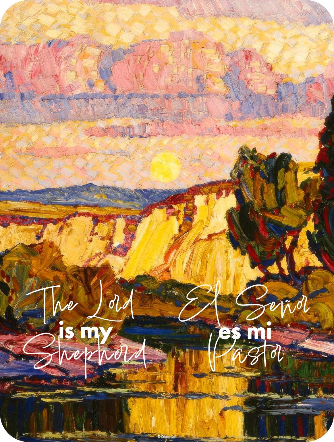 Abstract landscape with bright yellow hills, pink clouds, and white handwritten text near the bottom.