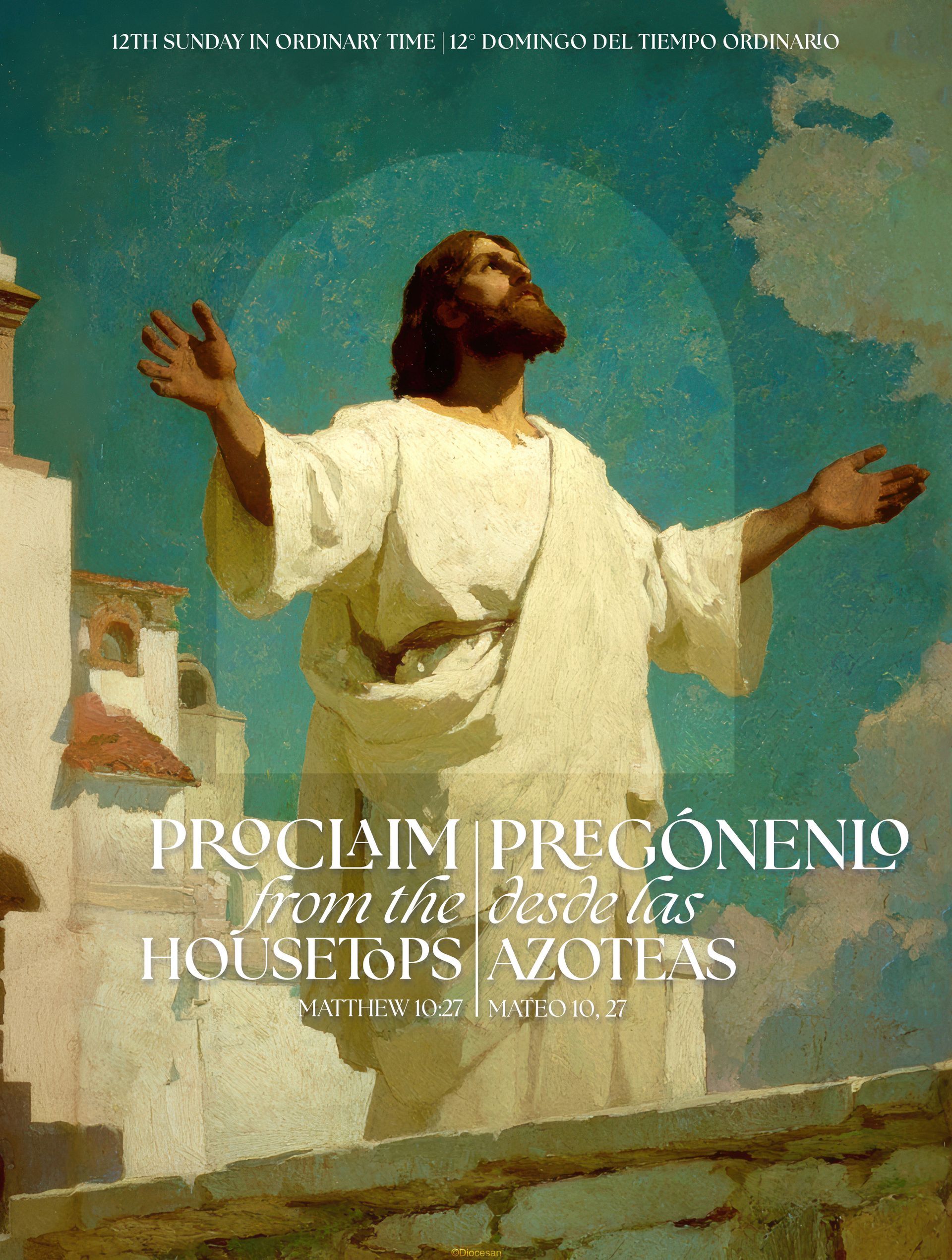Man in white robes with arms raised against a blue sky, with Spanish text overlay.