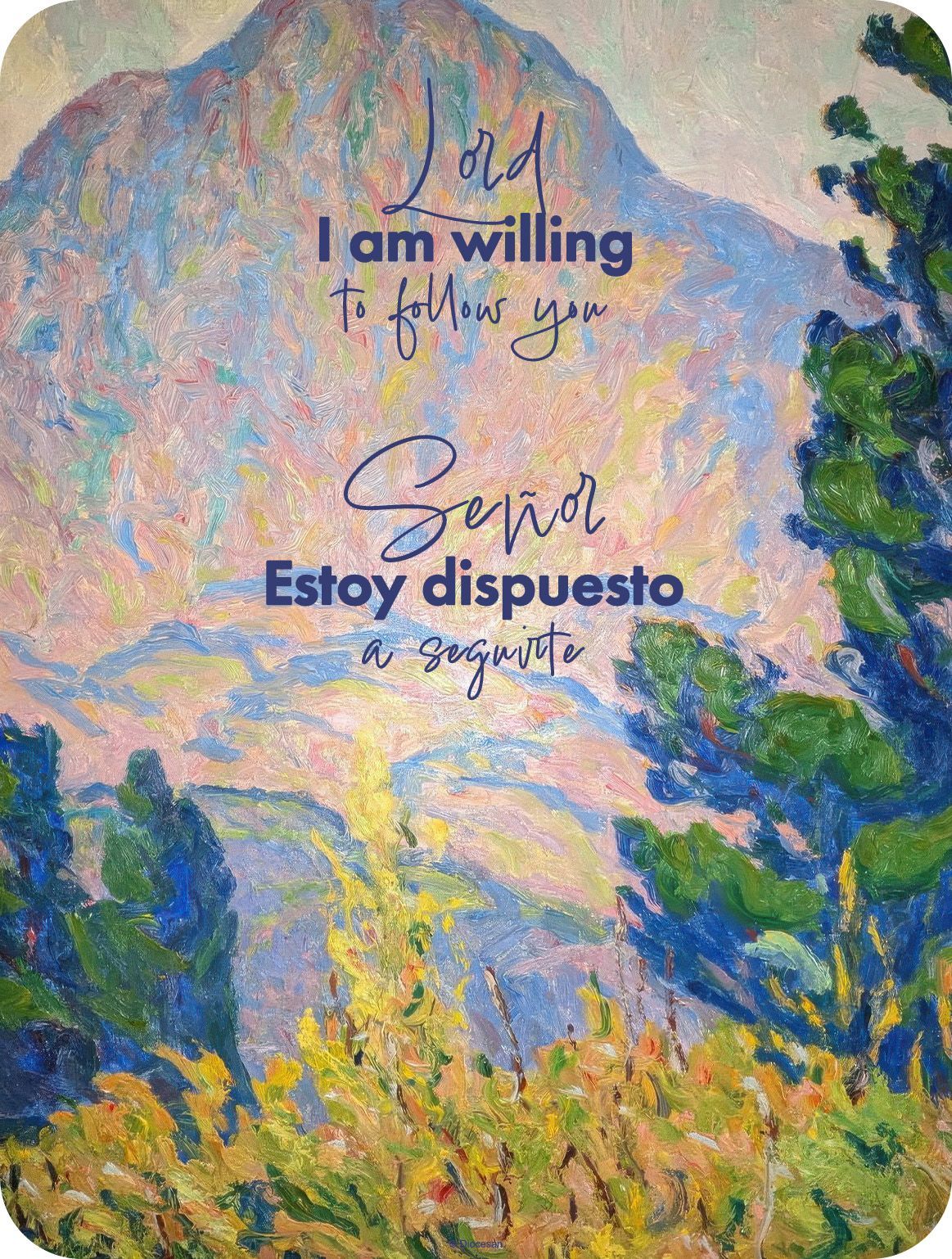 Man in white robes with arms raised against a blue sky, with Spanish event text overlaid.
