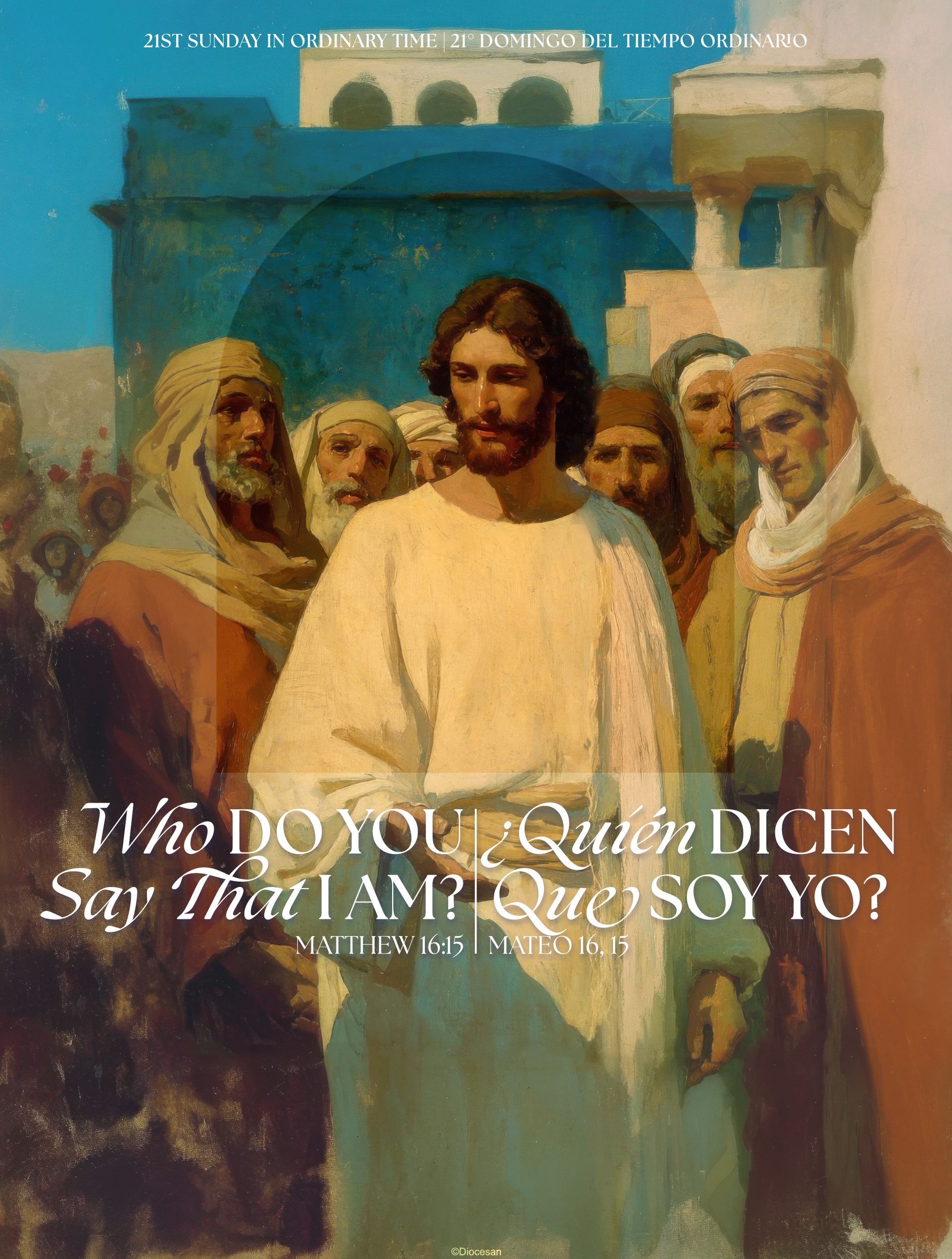 Painting of Jesus surrounded by people, with text asking, “Who do you say that I am?”