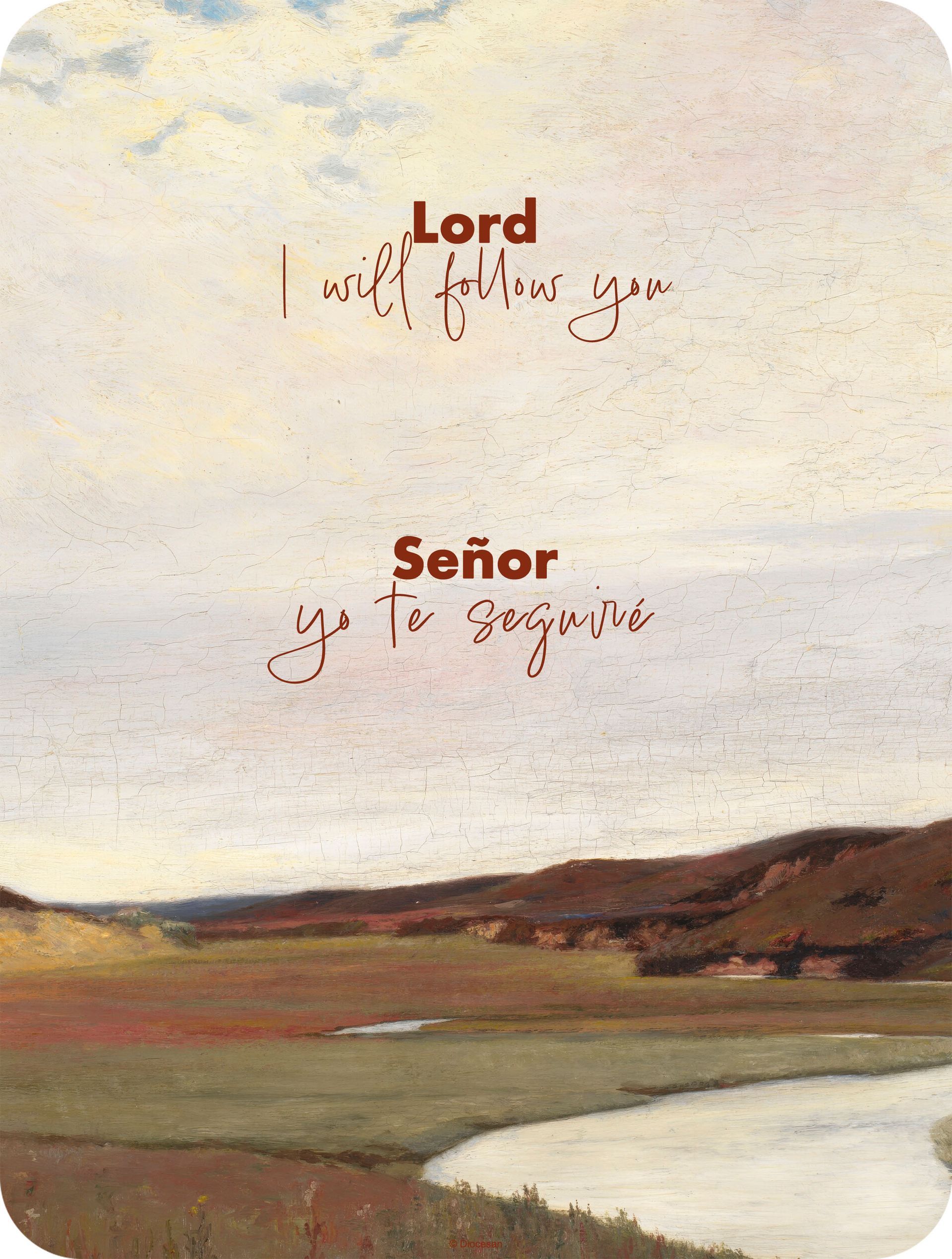 “Lord” and “Señor” over a calm landscape with water and hills at sunset