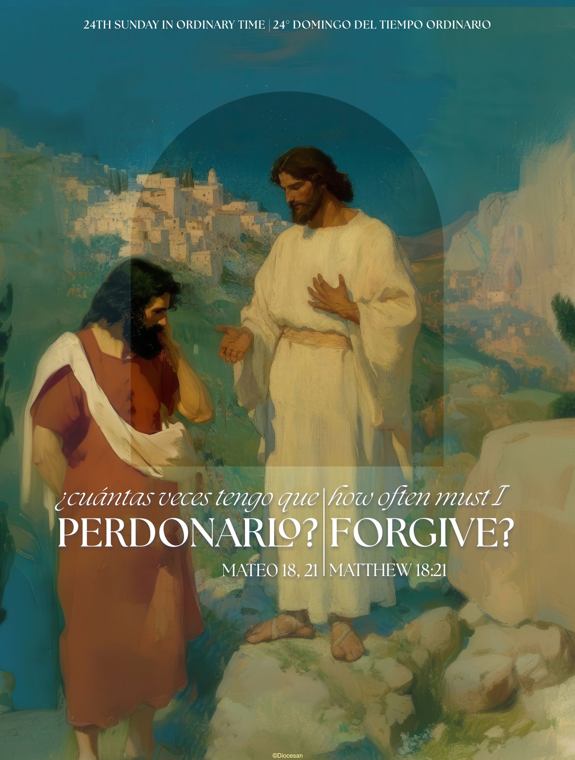 Two figures in robes converse in a desert-like scene with mountains and the text “PARDON?” and “FORGIVE?”