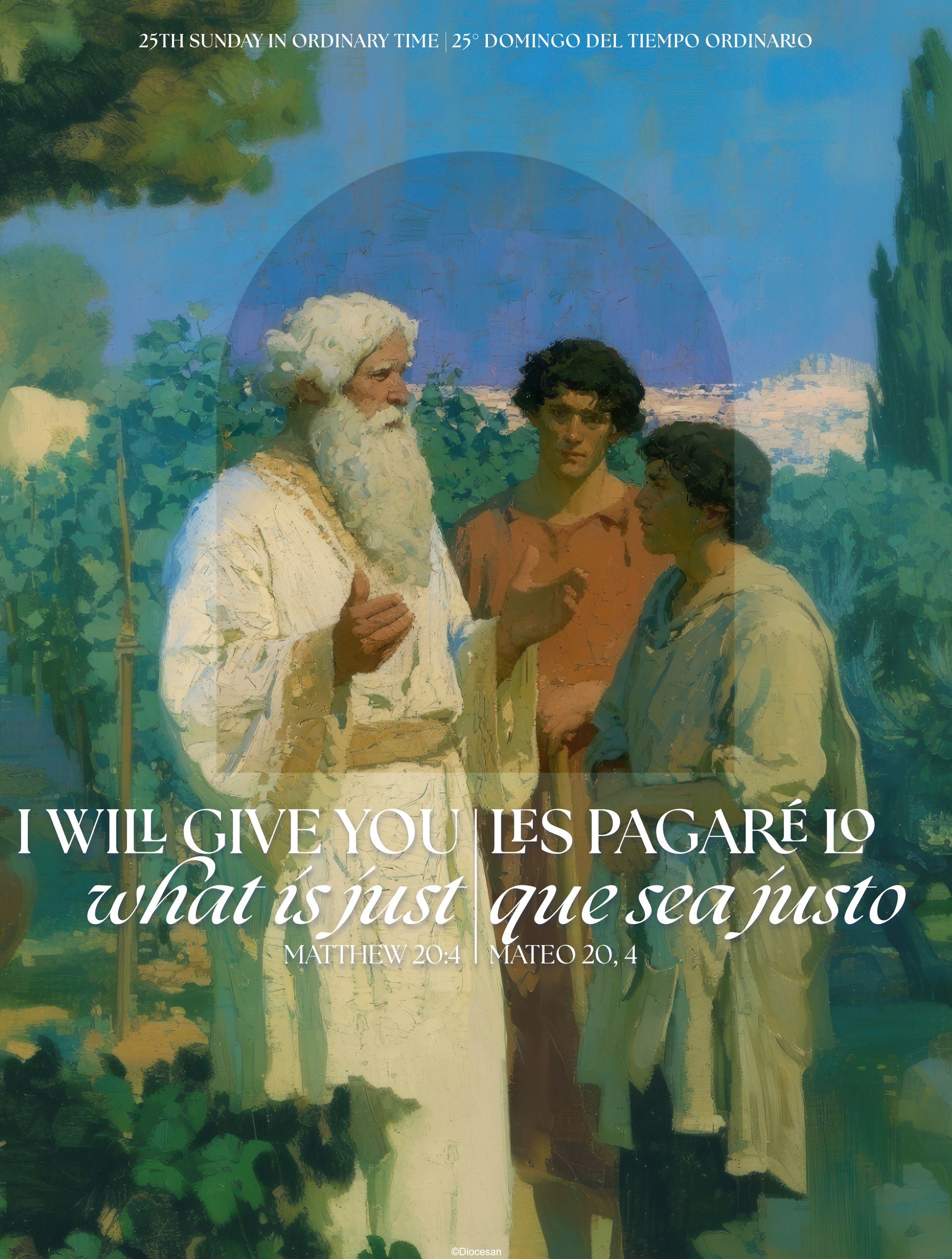 Two figures speak with a white-robed elder under a blue sky, with text: “I will give you the password.”